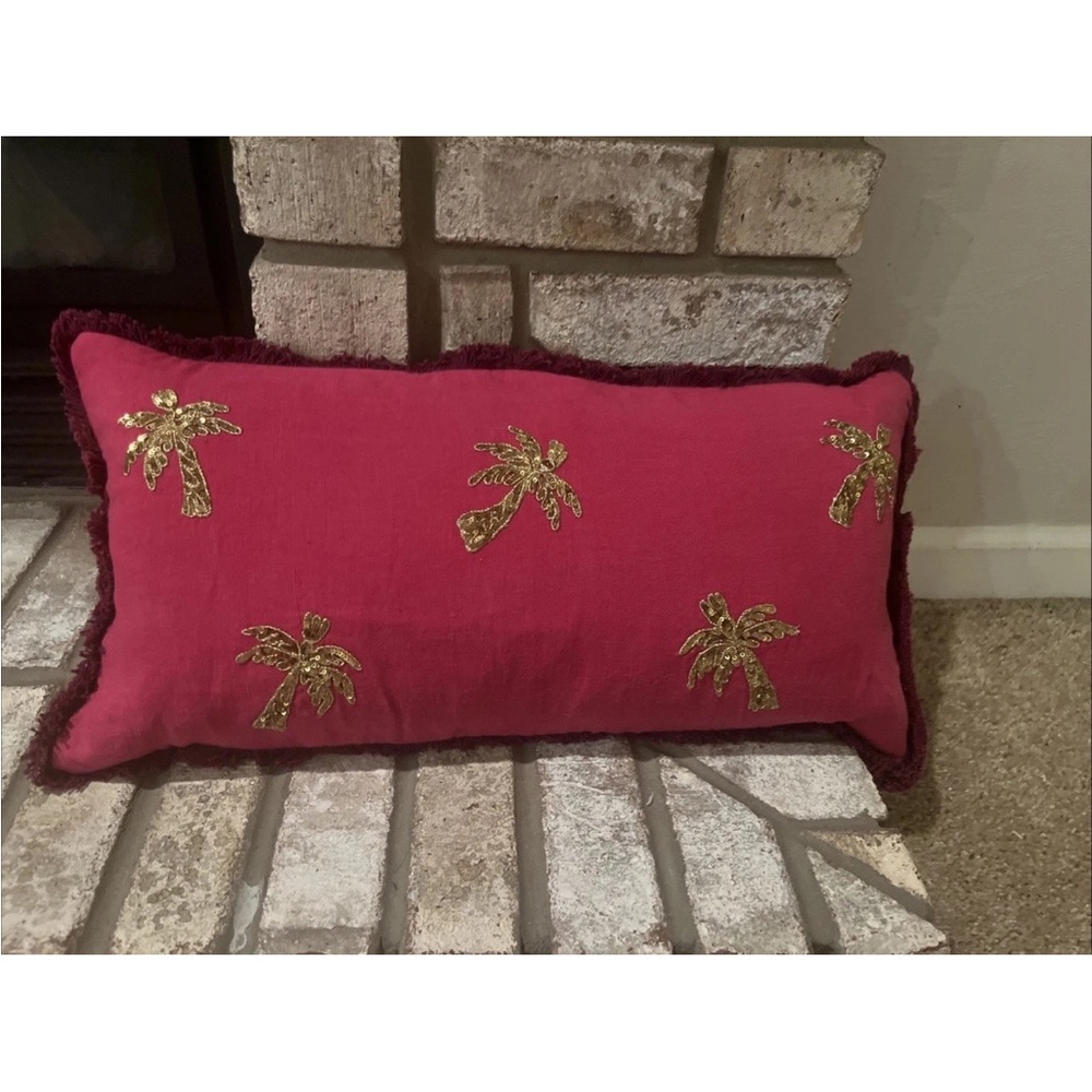 Joanna Buchanan Beaded Palm Tree Linen Pillow  20x10 NWT